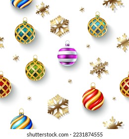 Vector illustration Merry Christmas and happy new year background. Holiday greeting banner, flyer and card. Seamless banner with decorative balls and golden snowflakes.