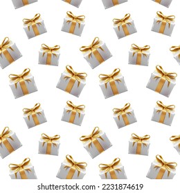 Vector illustration Merry Christmas and happy new year background. Holiday greeting banner, flyer and card. White present boxes relistic with golden ribbons.