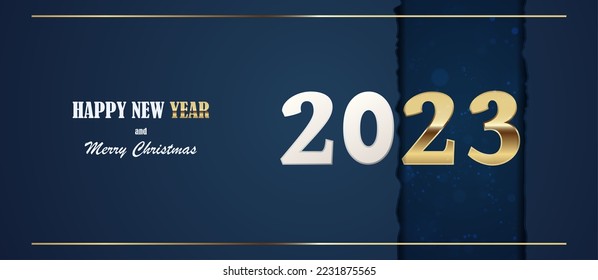 Vector illustration Merry Christmas and happy new year background. Holiday greeting banner, flyer and card. gold 2023 with paper cut piece.