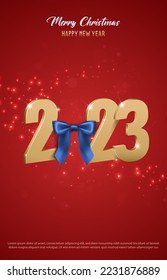 Vector illustration Merry Christmas and happy new year background. Holiday greeting banner, flyer and card. gold 2023 with a bow.