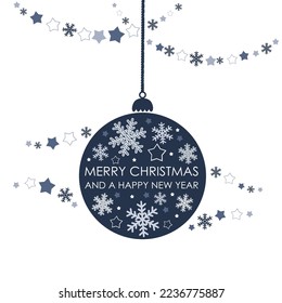 Vector illustration. Merry Christmas and Happy New Year. A ball with a pattern of snowflakes. Banner, Christmas card, flyer design, advertising, social media content, template