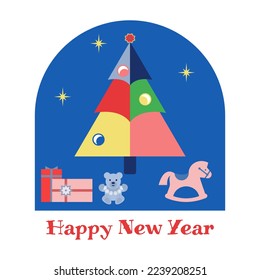 Vector illustration of Merry Christmas and Happy New Year greeting card. Flat, geometric design with Christmas tree, toys, gifts. Template for congratulations and invitations, banner, poster..
