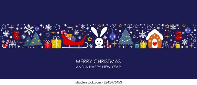 Vector illustration. Merry Christmas and Happy New Year on a blue background. Symbols of the new year, rabbit, sleigh, stars, Christmas tree. Banners, postcards, posters, signs.