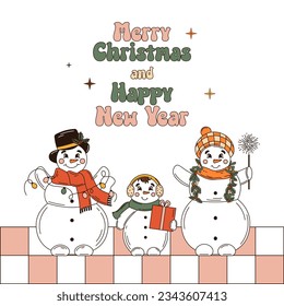 Vector illustration of merry Christmas and Happy New Yer lettering text sign. Retro inscription with snowmen. 2024 New Yer