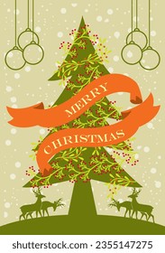 Vector illustration of Merry Christmas and Happy Holidays cards with New Year tree, reindeers, snowflakes, floral frames and backgrounds design. Modern universal artistic templates.social media,church