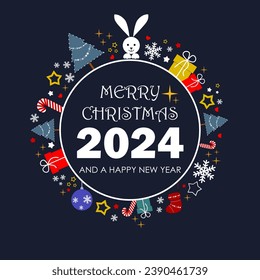 Vector illustration. Merry Christmas and Happy New Year 2024 on a dark background. Symbols of the new year, rabbit, stars, Christmas tree. Banners, postcards, posters, signs