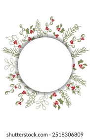 Vector illustration. Merry Christmas and Happy New Year floral background, copy space for your text. Rustic template for Christmas cards, wedding invitations, party invitation. Hand drawn sketch.