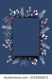 Vector illustration. Merry Christmas and Happy New Year floral background, copy space for your text. Rustic template for Christmas cards, wedding invitations, party invitation. Hand drawn sketch.
