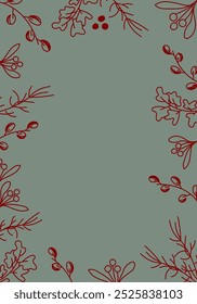 Vector illustration. Merry Christmas and Happy New Year floral background, copy space for your text. Rustic template for Christmas cards, wedding invitations, party invitation. Hand drawn sketch.