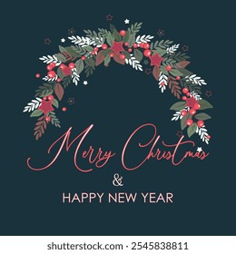 Vector illustration. Merry Christmas and Happy New Year greeting card. Christmas berry wreath, festive floral card, holly berries, mistletoe leaves, Christmas card design, advertising, holiday