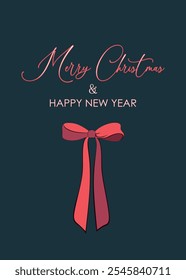 Vector illustration. Merry Christmas and Happy New Year greeting card. Christmas red bow, festive postcard. Christmas card design, advertising, holiday