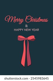  Vector illustration. Merry Christmas and Happy New Year greeting card. Christmas red bow, festive postcard. Christmas card design, advertising, holiday