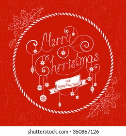 Vector illustration. Merry Christmas and Happy New Year! Christmas grunge background. Red christmas background. Christmas text free-hand drawing. Vintage retro Christmas text on red background.
