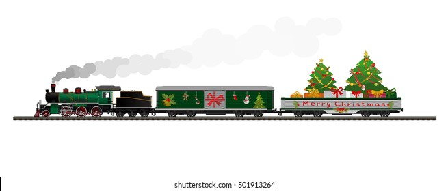 Vector Illustration: Merry christmas and Happy new year : Steam locomotive Container Train Delivery on isolated on white background.