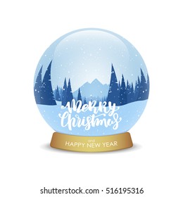 Vector illustration: Merry Christmas and Happy New Year. Snow globe with winter mountains landscape isolated on white background.