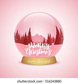 Vector illustration: Merry Christmas and Happy New Year. Snow globe with winter mountains landscape.