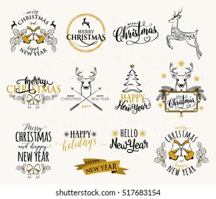 Vector illustration of Merry Christmas and Happy New Year stamp, sticker set with holly, berry, bow, deer, fir tree, lettering typography inscription. Old winter xmas, new year emblem in retro style