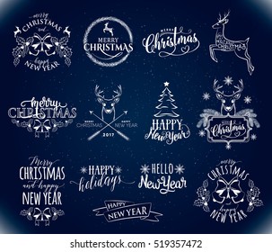 Vector illustration of Merry Christmas and Happy New Year stamp, sticker set with holly, berry, bow, deer, fir tree, lettering typography inscription. Old winter xmas, new year emblem in retro style