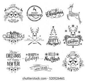 Ilustración vectorial de Feliz Navidad y Feliz Año Nuevo, conjunto de pegatinas con helio, baya, arco, ciervo, árbol de abetos, inscripción tipográfica con letras. Viejas Navidad de invierno, emblema de año nuevo en estilo retro