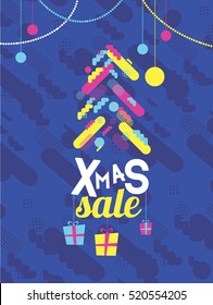 vector illustration. Merry Christmas and Happy New Year 2017. The sale stylish minimalist geometric pattern of colorful figures. Hand lettering. Christmas tree in a geometric abstract style