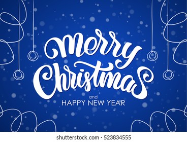 Vector illustration: Merry Christmas and Happy New Year. Handwritten elegant modern brush lettering with hand drawn decoration on blue snowflake background.