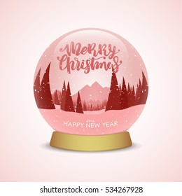 Vector illustration: Merry Christmas and Happy New Year. Snow globe with red winter mountains landscape.