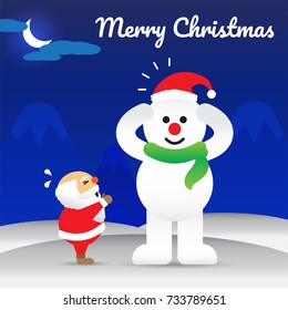 Vector Illustration Of Merry Christmas, Happy Chubby Snowman Is Wearing A Red Hat While Santa Claus Is Crying For It. They Stand On Snowy Ground At Night With Shinning Crescent Moon And White Text