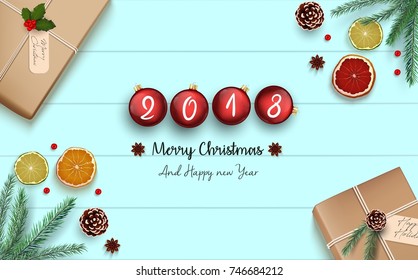 Vector illustration of Merry Christmas and Happy New 2018 Year background with red christmas balls and christmas decoration on wood background