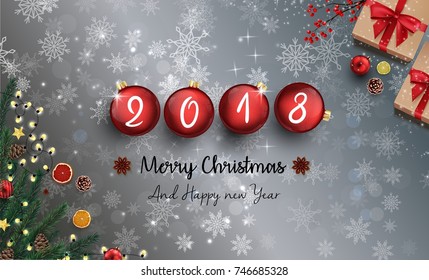 Vector illustration of Merry christmas and happy new year 2018 with snowflakes and red christmas balls