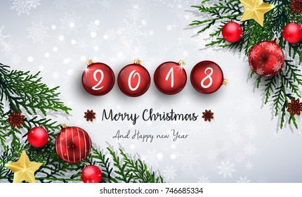 Vector illustration of Merry christmas and happy new year 2018 with red christmas balls and fir branches