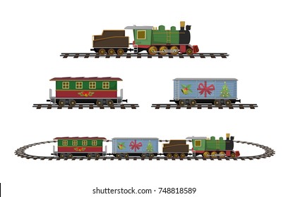 Vector Illustration: Merry christmas and Happy new year : Set retro train toys include Steam locomotive compartment container delivery and railroad tracks isolated on white background.