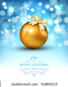 Vector illustration for Merry Christmas and Happy New Year. Greeting card with golden ball on a blue bokeh background. Template for elegant design of postcard, flyer, congratulatory brochure