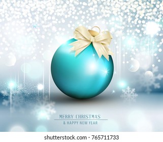 Vector illustration for Merry Christmas and Happy New Year.Greeting card with blue christmas  ball on a silvery bokeh background.Template for elegant design of postcard, flyer, congratulatory brochure