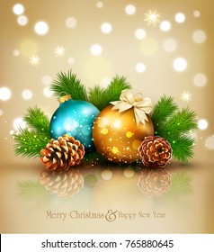 Vector illustration for Merry Christmas and Happy New Year. Greeting card with New Year's balls,branches of spruce and cones on a bright, blurry, sparkling background. Template for elegant design card