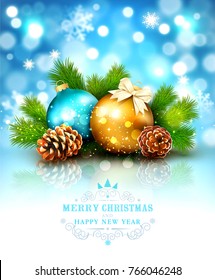 Vector illustration for Merry Christmas and Happy New Year . Greeting card with New Year's balls, branches of spruce and cones isolation on a white background.Template for elegant design of postcard, 