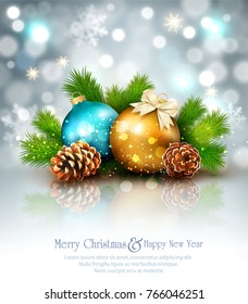 Vector illustration for Merry Christmas and Happy New Year . Greeting card with New Year's balls, branches of spruce and cones isolation on a white background.Template for elegant design of postcard, 