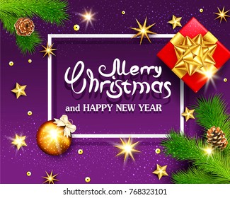 Vector illustration for Merry Christmas and Happy New Year . Greeting card with New Year's balls, branches of spruce, gift, bright stars and text in the frame.Template for elegant design of postcard