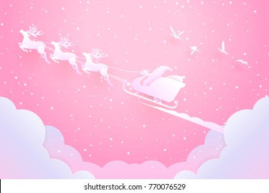 Vector illustration of merry christmas and happy new year with santa claus soaring on sledge with reindeer out of the clouds on a pink sky background and the falling snow with paper style