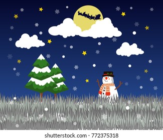 Vector illustration of Merry Christmas and Happy new year back ground with blank copy space for your text, Santa Claus on the sky. Christmas background with  Snowman in snowy landscape.