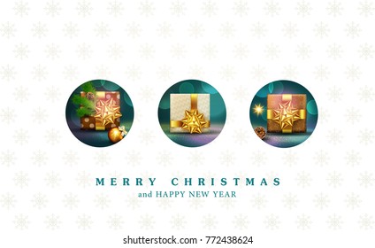 Vector illustration for Merry Christmas and Happy New Year. Greeting card with New Year's three packaged gifts in boxes with a gold bows, ball, branches of spruce. Template for postcard