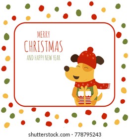 Vector illustration of Merry Christmas and Happy New Year text with yellow dog on polka dot background.