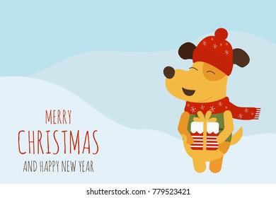 Vector illustration of Merry Christmas and Happy New Year text with yellow dog on blue background. Vector symbol of new year Chinese calendar.