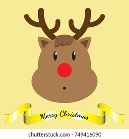 Vector Illustration Of Merry Christmas, Isolated Brown Reindeer Face Cute Expression Including Shinning Yellow Ribbon On Light Yellow Background As Greeting Card For Happy Winter And Holiday