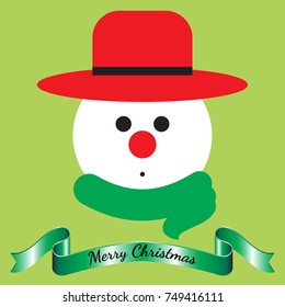 Vector Illustration Of Merry Christmas, Isolated Snowman Face Wearing Hat And Scarf Cute Expression With Shinning Green Ribbon On Light Green Background As Greeting Card For Happy Winter And Holiday