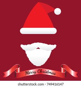 Vector Illustration Of Merry Christmas, Isolated Red Hat, White Mustache And Beard Of Santa Claus  Including Shinning Red Ribbon On Red Background As Greeting Card For Happy Winter And Holiday