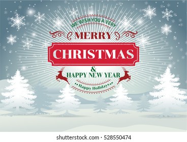 Vector illustration of Merry Christmas Landscape. Vintage Retro Typography Lettering Design Greeting Card.-Vector Illustration.  