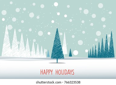 Vector illustration Merry Christmas landscape, beautiful holiday card, blue background