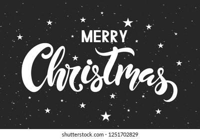 Vector illustration of Merry Christmas lettering on grey background with stars and texture for greeting card/poster/banner template.