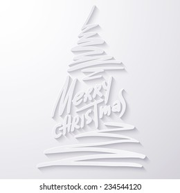 Vector illustration of Merry christmas lettering. 2015 xmas text and image of fir for your design. White paper applique with shadow. 