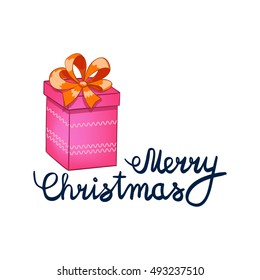 vector illustration of Merry Christmas Lettering with cartoon drowing pink present. Element for design banners, web and greetings